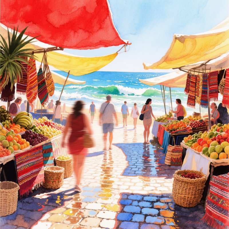 Bustling Seaside Market Watercolor