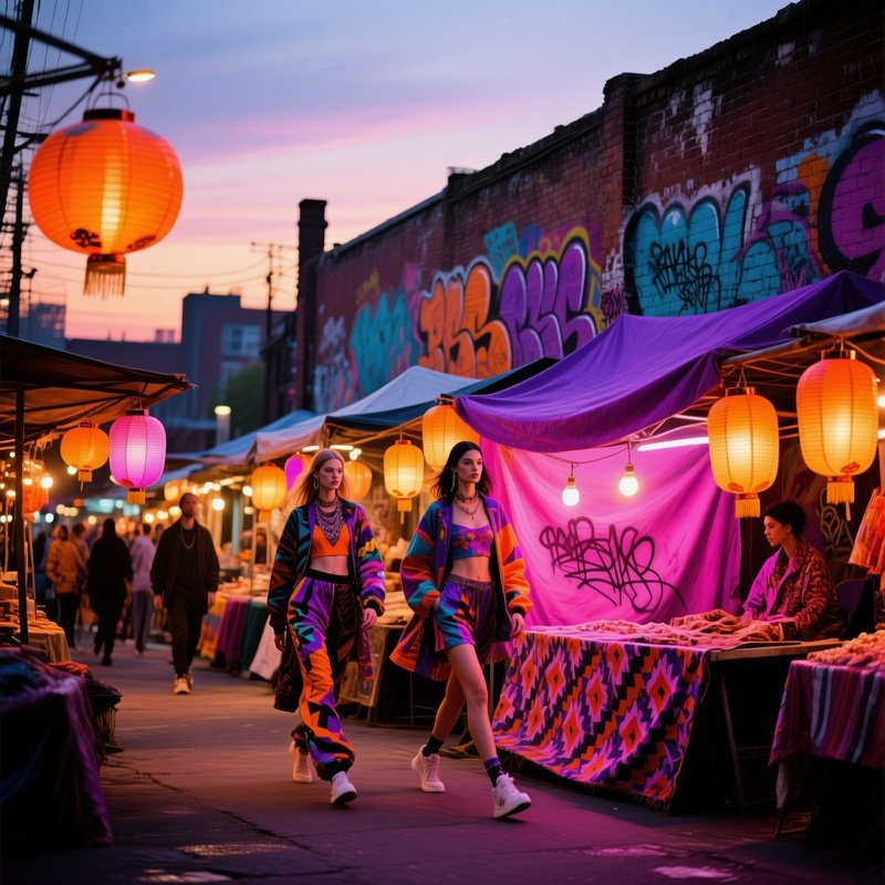Bustling Street Fashion Market At Dusk
