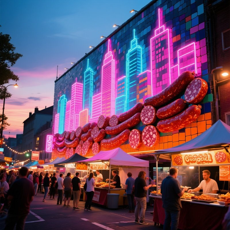 Bustling Street Festival At Dusk Neon Reflections Sausage Mosaic Wall