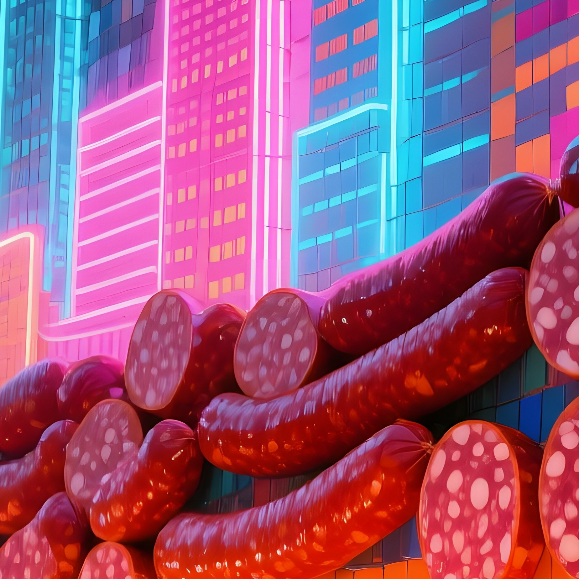 Bustling Street Festival At Dusk Neon Reflections Sausage Mosaic Wall - Full Resolution Quality Preview