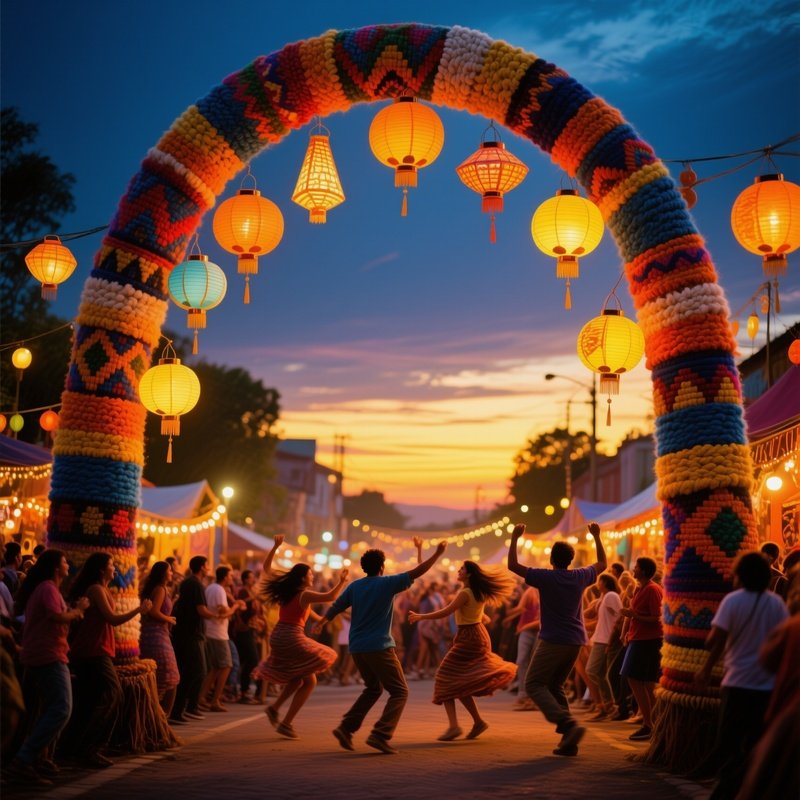 Bustling Street Festival At Dusk With Lanterns Hanging From Wool Archway