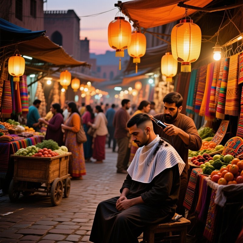 Bustling Street Market At Dusk Lanterns Glowing Vendor Hair Trimmed Barber Shoppers Haggle