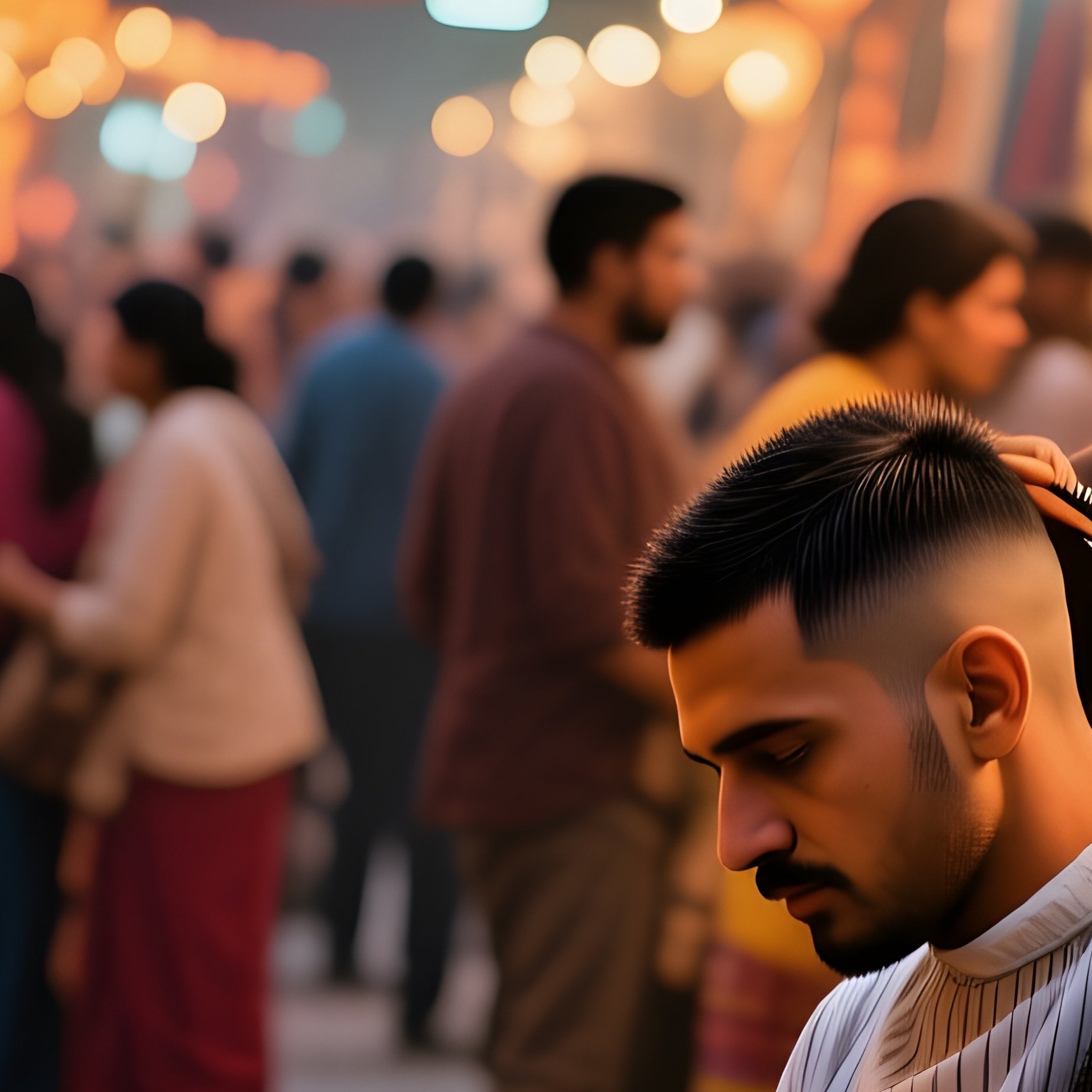 Bustling Street Market At Dusk Lanterns Glowing Vendor Hair Trimmed Barber Shoppers Haggle - Full Resolution Quality Preview