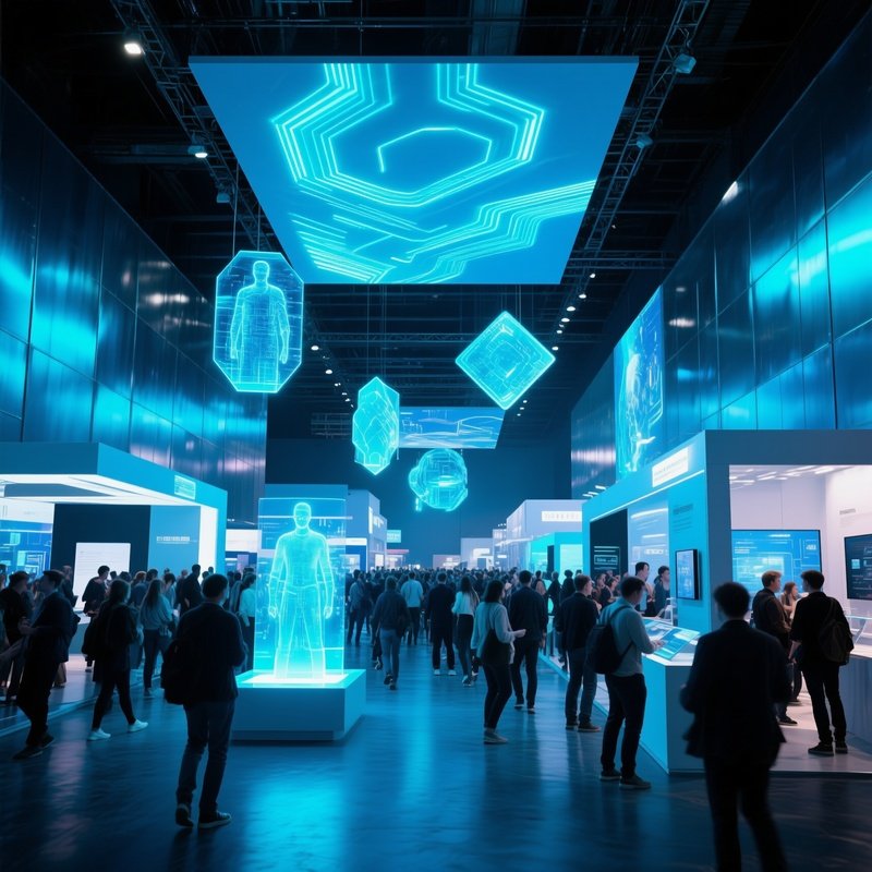 Bustling Tech Expo Hall Futuristic Displays Holograms Watercolor Metal Neon