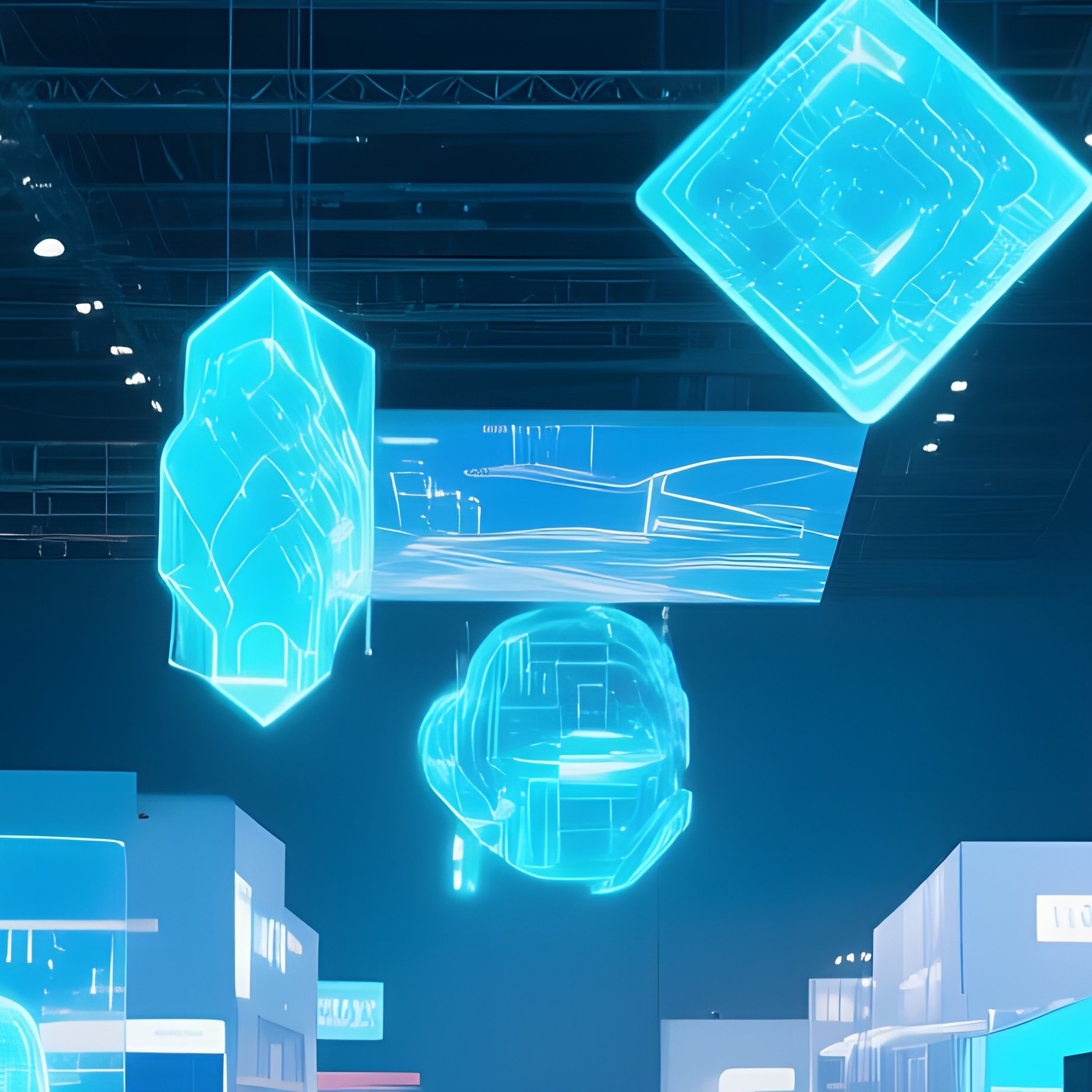 Bustling Tech Expo Hall Futuristic Displays Holograms Watercolor Metal Neon - Full Resolution Quality Preview