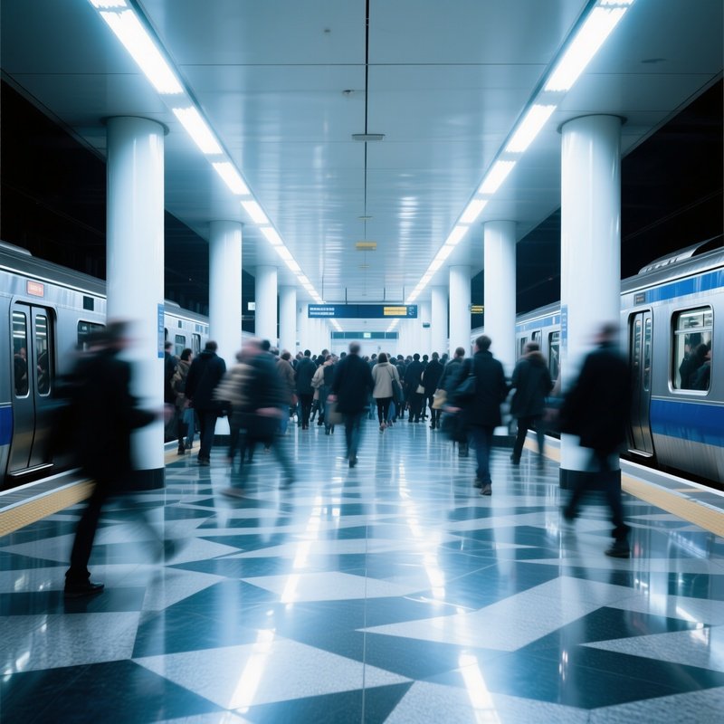 Bustling Train Station Rush Hour Fluorescent Lighting