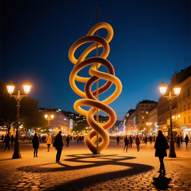 Bustling Urban Plaza Night Kinetic Wool Ribbons