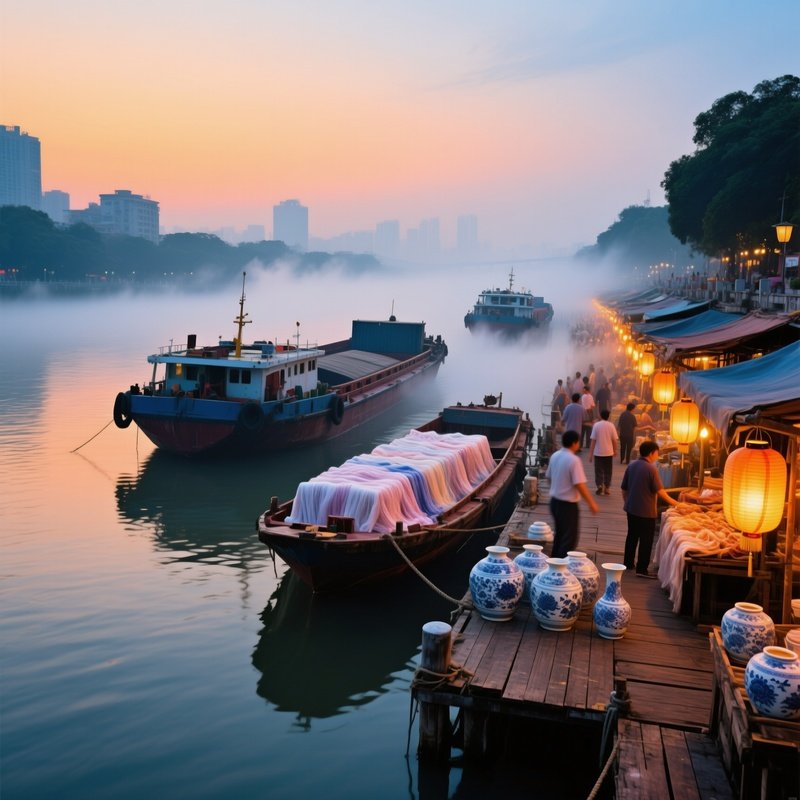 Bustling Waterfront Market Guangzhou Dawn
