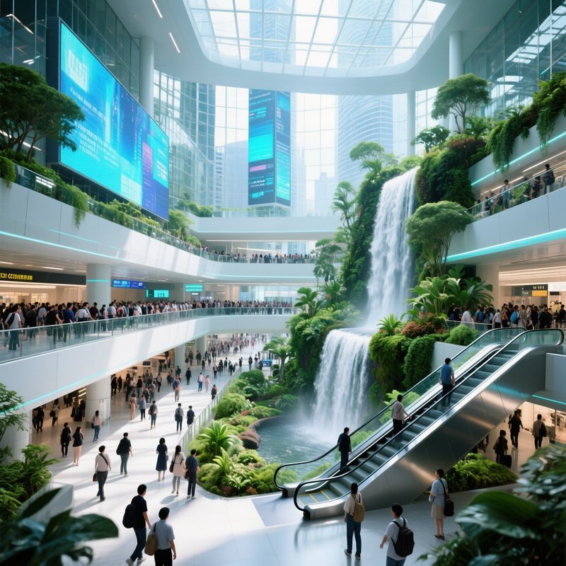 Busy Asian Hub Terminal With Gardens Waterfalls