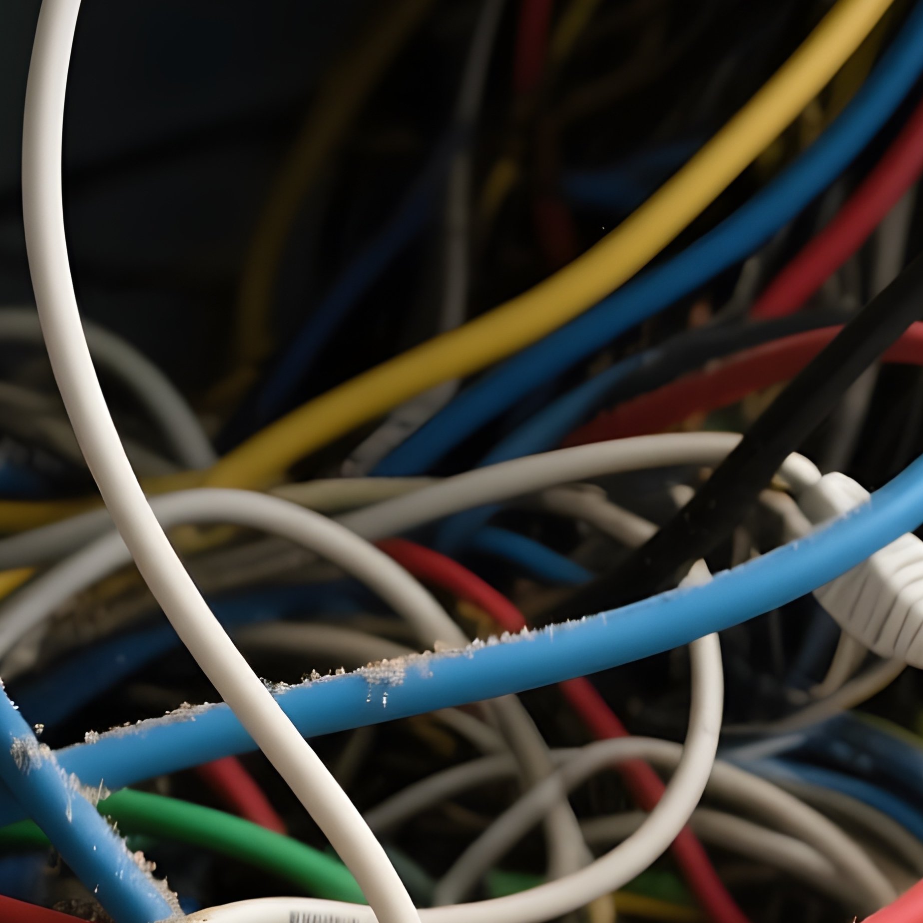 Cable Chaos: A View Under A Desk Showing A Tangled Mess Of Ethernet Cables, Power Cords, And Power Strips Collecting Dust. - Full Resolution Quality Preview