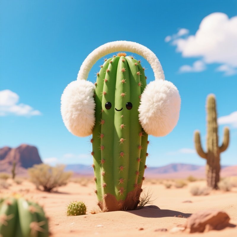 Cactus Wearing Earmuffs In Summer