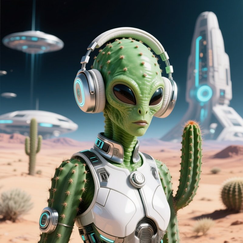 Cactus Wearing Earmuffs In Summer Science Fiction