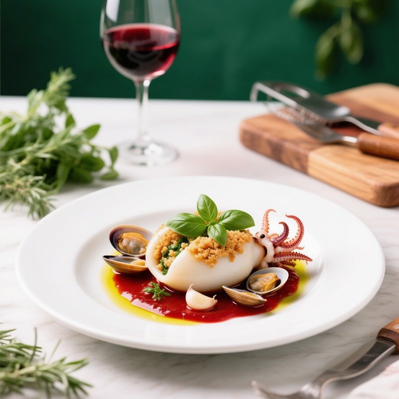 Calamari Ripieni As Italian Dish With Stuffed Squid And Herb Garlic Filling