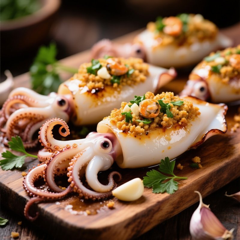Calamari Ripieni Stuffed Squid Filled With Breadcrumbs Herbs Garlic And Seafood