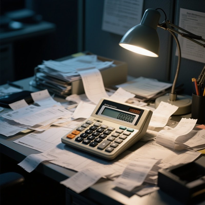 Calculator: A Retro Solar Powered Calculator Sitting On A Chaotic Desk Full Of Receipts And Tax Forms, Bathed In The Harsh Light Of A Late Night Office Lamp.