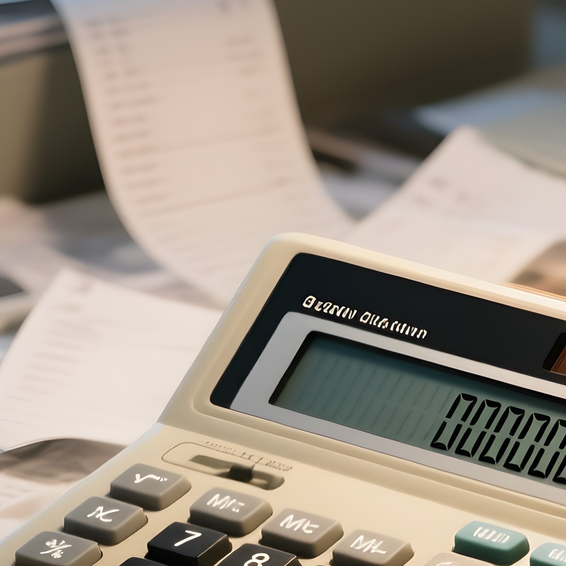 Calculator: A Retro Solar Powered Calculator Sitting On A Chaotic Desk Full Of Receipts And Tax Forms, Bathed In The Harsh Light Of A Late Night Office Lamp. - Full Resolution Quality Preview