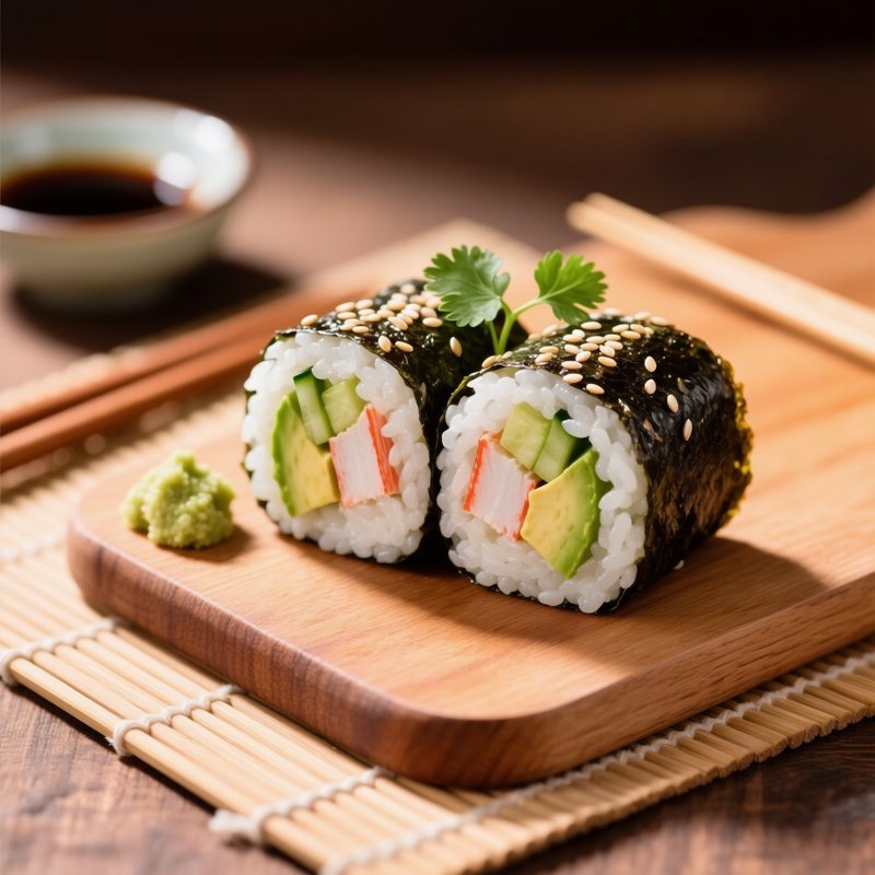 California Roll Made With Rice Nori Imitation Crab Avocado Cucumber And Sesame Seeds