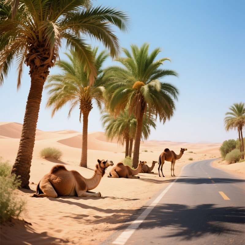 Camels Resting Desert Road