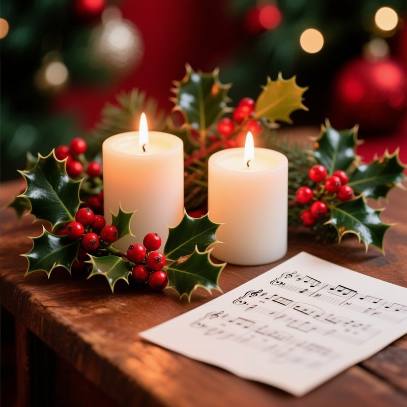 Candles And Holly On A Sheet Of Music Candles Holly