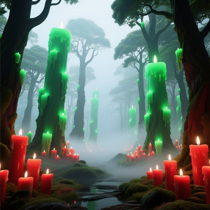 Candlestick Forest  An Abstract 3D Landscape Where The Trees Are Giant Glowing Green And Red Japanese Candlesticks. A Fog Rolls Through The  Market Forest. 