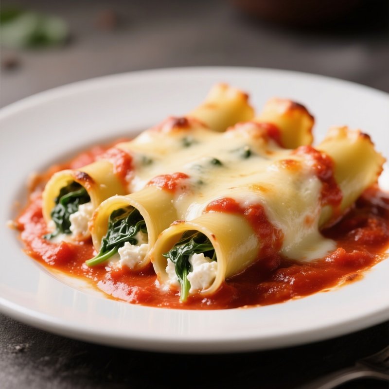 Cannelloni Filled With Ricotta And Spinach, Baked With Béchamel Sauce, Tomato Sauce, And Cheese