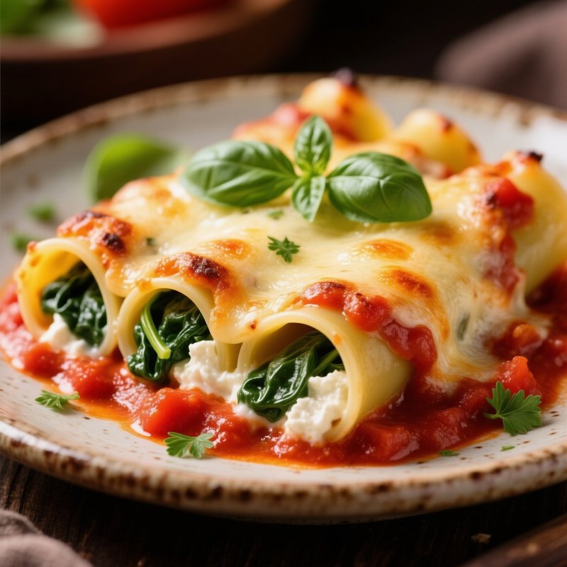 Cannelloni Filled With Ricotta And Spinach Baked With Bechamel Tomato And Cheese
