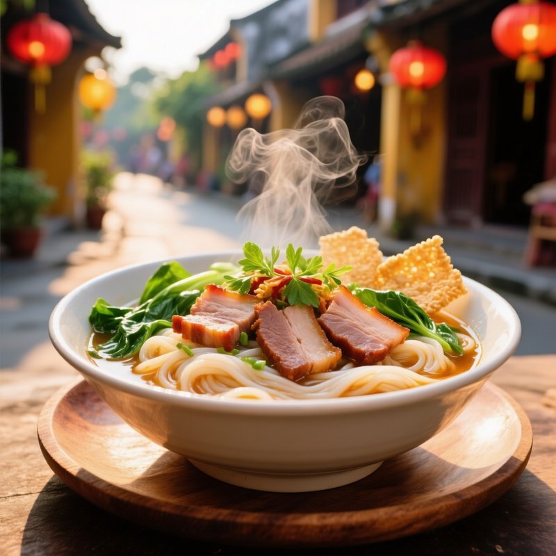 Cao Lau Thick Rice Noodles Hoi An Roast Pork Greens Herbs Crispy Crackers