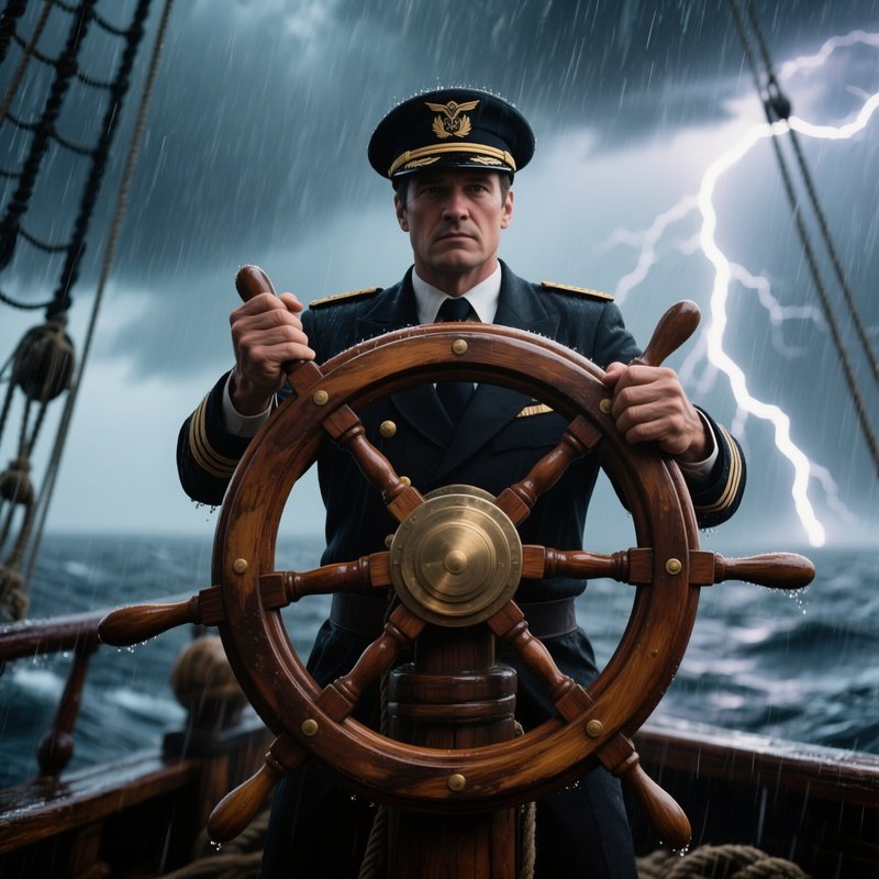 Captain’S Wheel: A Wooden Ship’S Steering Wheel Held By Sturdy Hands In A Storm, With Rain And Lightning In The Background, Representing Crisis Management And Leadership.