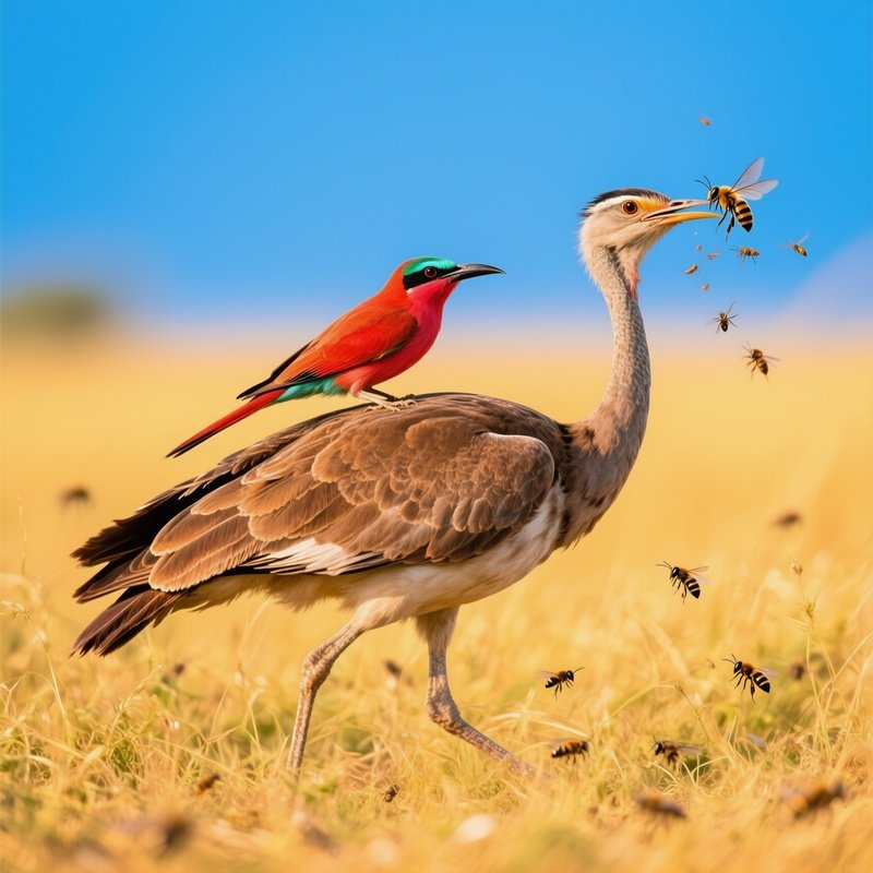 Carmine Bee Eater On Kori Bustard Hunting
