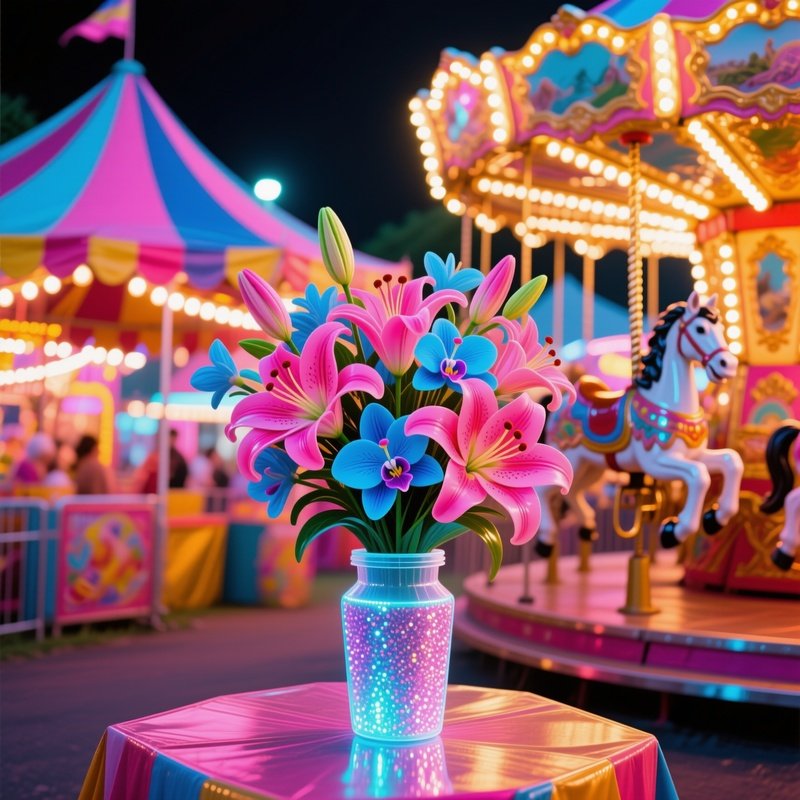 Carnival Midway With Neon Flower Bouquet
