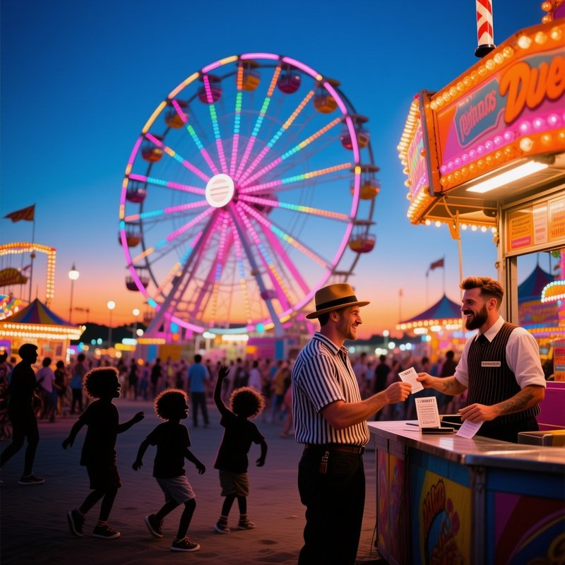 Carnival Ride At Twilight With Ferris Wheel Lights And Ticket Collector
