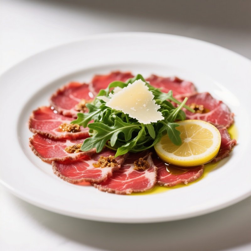 Carpaccio Di Manzo With Thinly Sliced Raw Beef Arugula Shaved Parmesan Lemon And Olive Oil