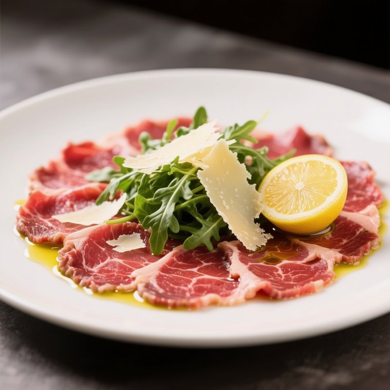 Carpaccio Di Manzo With Thinly Sliced Raw Beef, Arugula, Shaved Parmigiano, Lemon, And Olive Oil