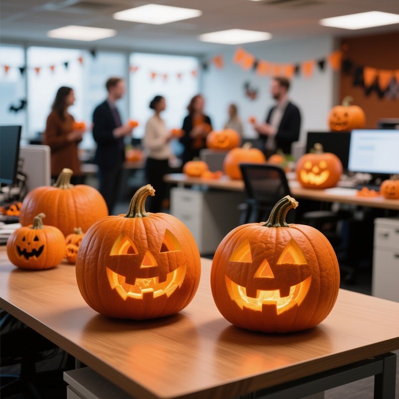 Carved Pumpkins On A Desk Halloween Pumpkin Carving