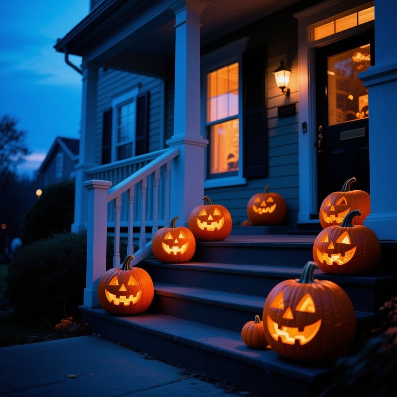 Carved Pumpkins On A Porch Halloween Pumpkin