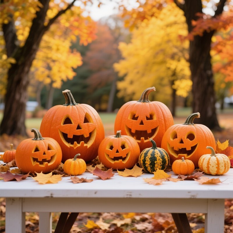 Carved Pumpkins On A Table Halloween Autumn