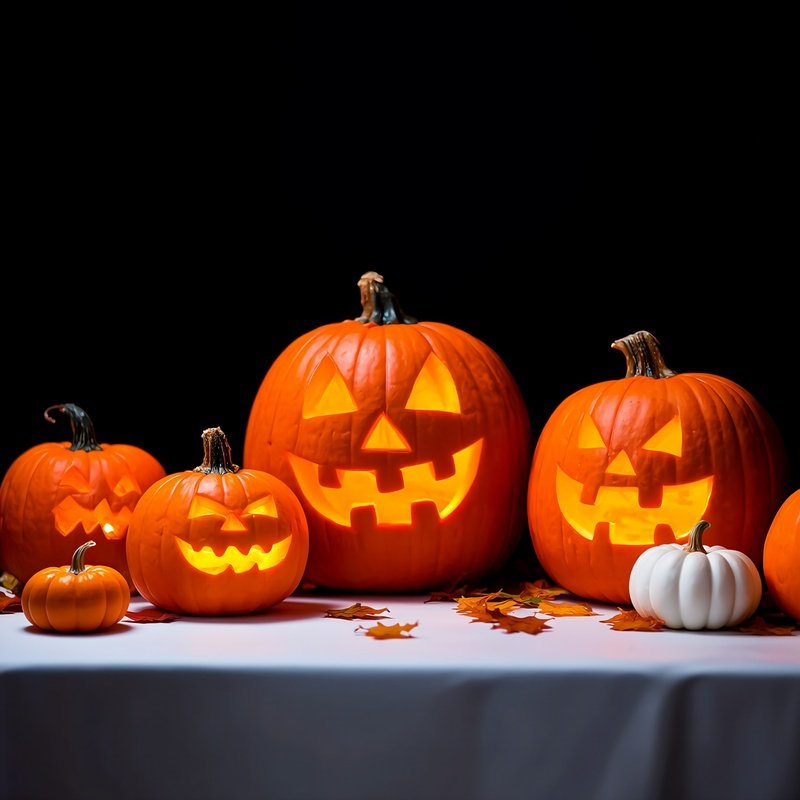 Carved Pumpkins On A Table Halloween Autumn
