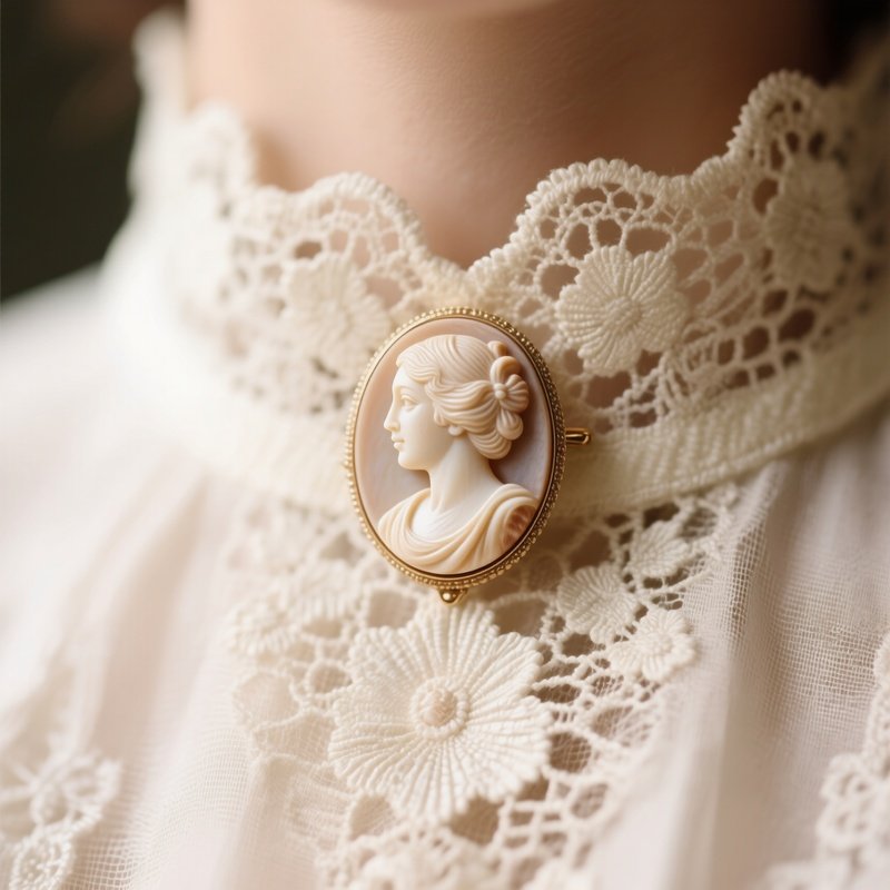 Carved Shell Cameo Brooch On Lace Collar