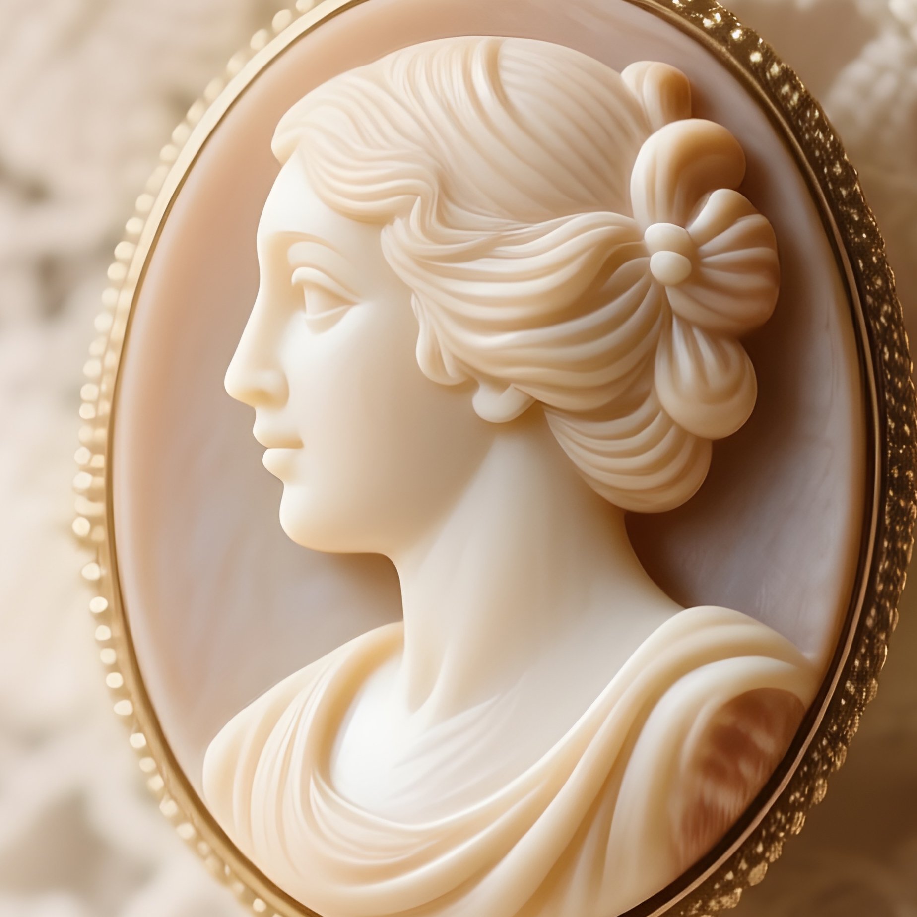 Carved Shell Cameo Brooch On Lace Collar - Full Resolution Quality Preview