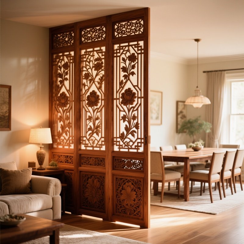 Carved Wooden Room Divider Separating Living From Dining