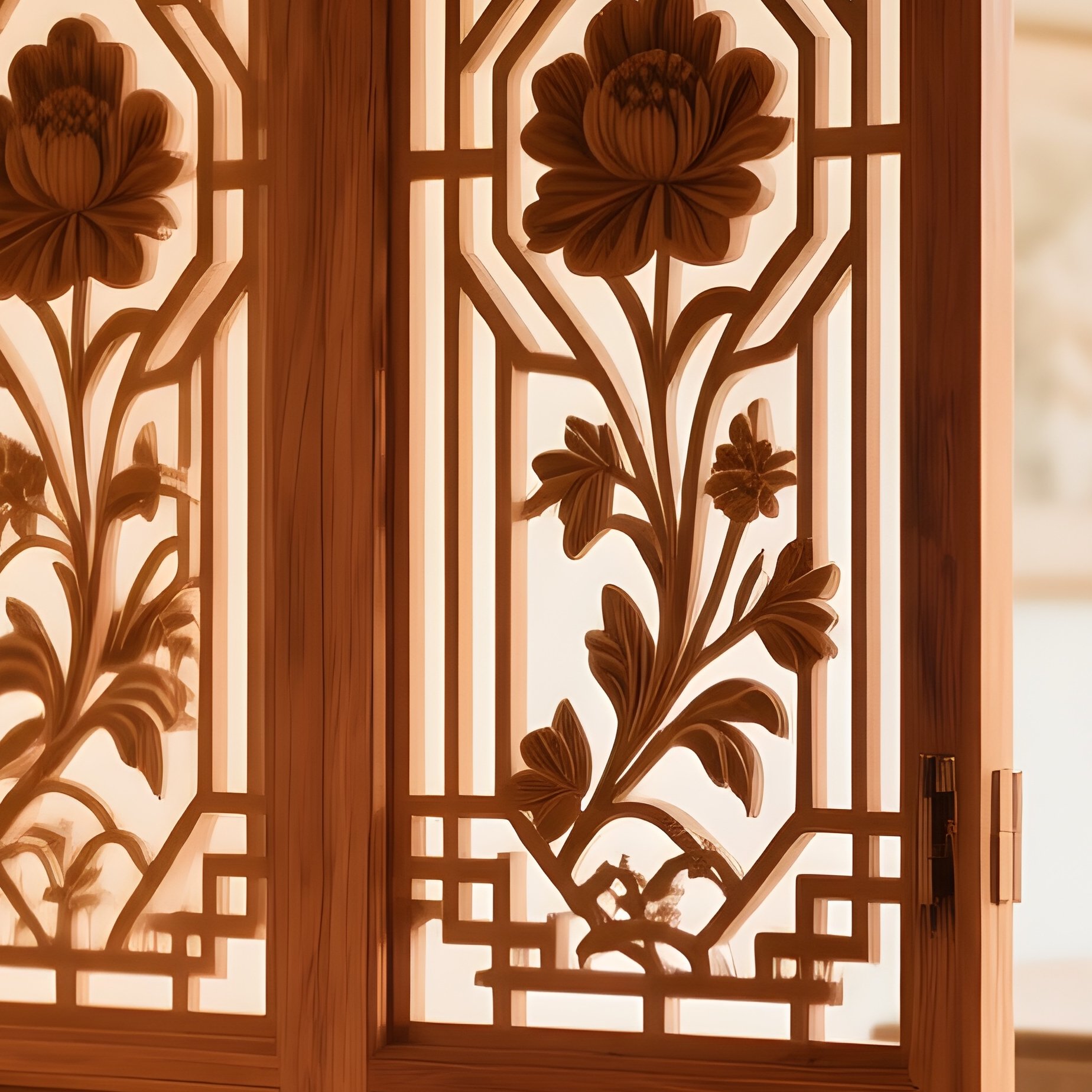 Carved Wooden Room Divider Separating Living From Dining - Full Resolution Quality Preview