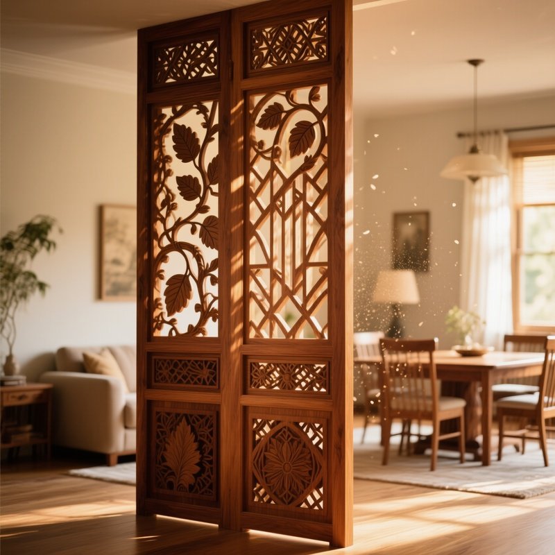Carved Wooden Room Divider Separating Living Dining Space