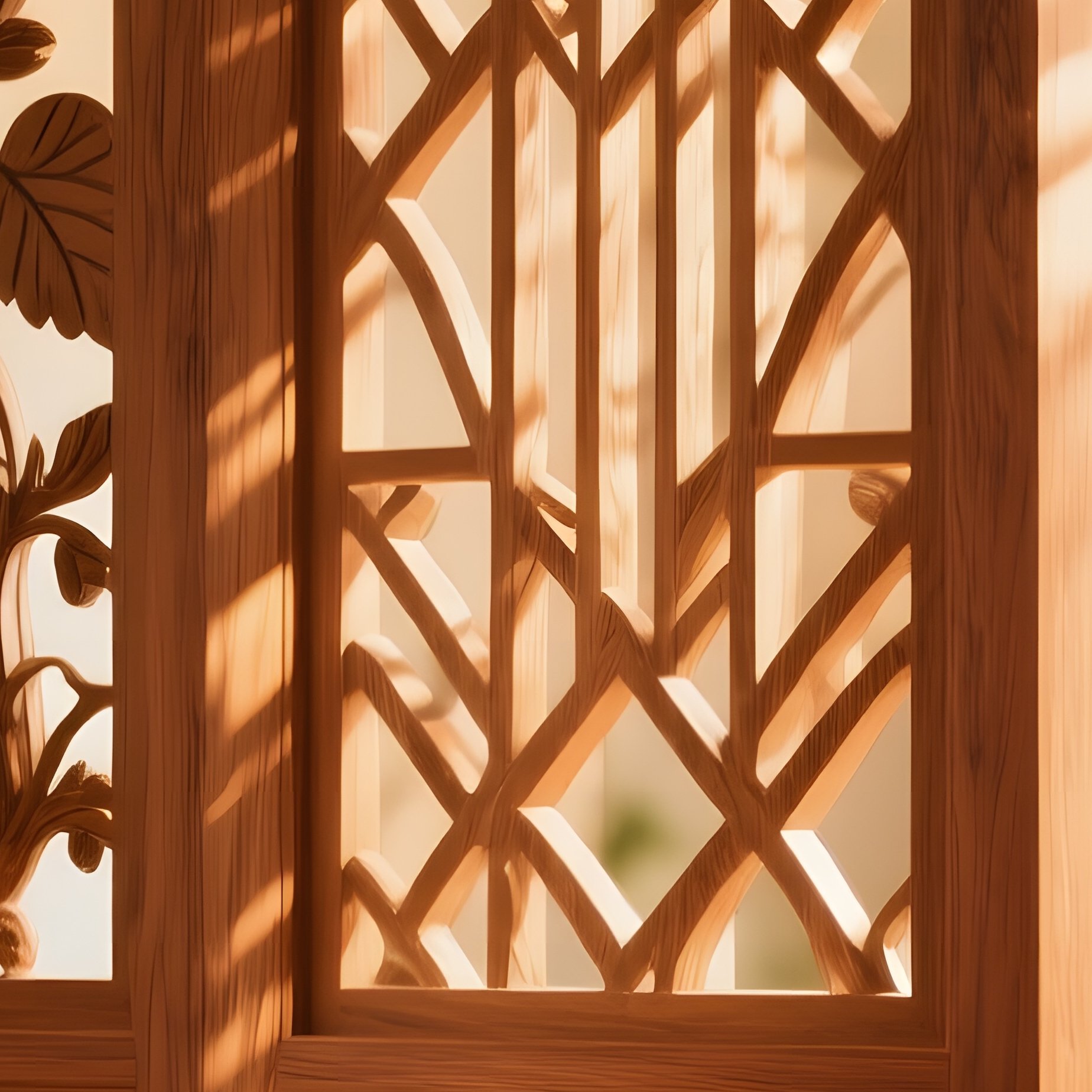 Carved Wooden Room Divider Separating Living Dining Space - Full Resolution Quality Preview