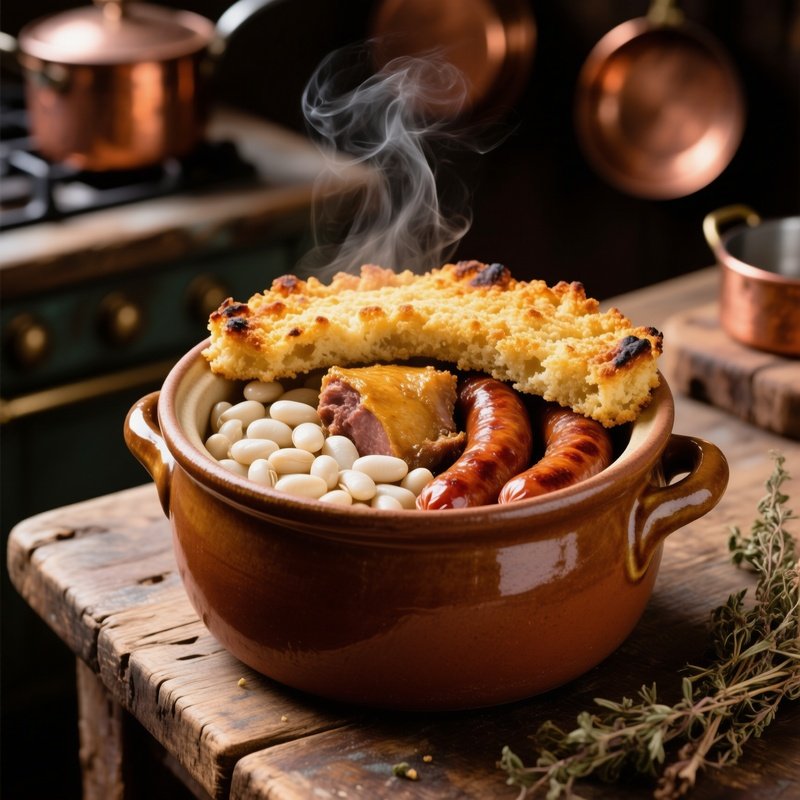 Cassoulet Rustic Earthenware Pot With White Beans Duck Confit Toulouse Sausages Breadcrumb Crust
