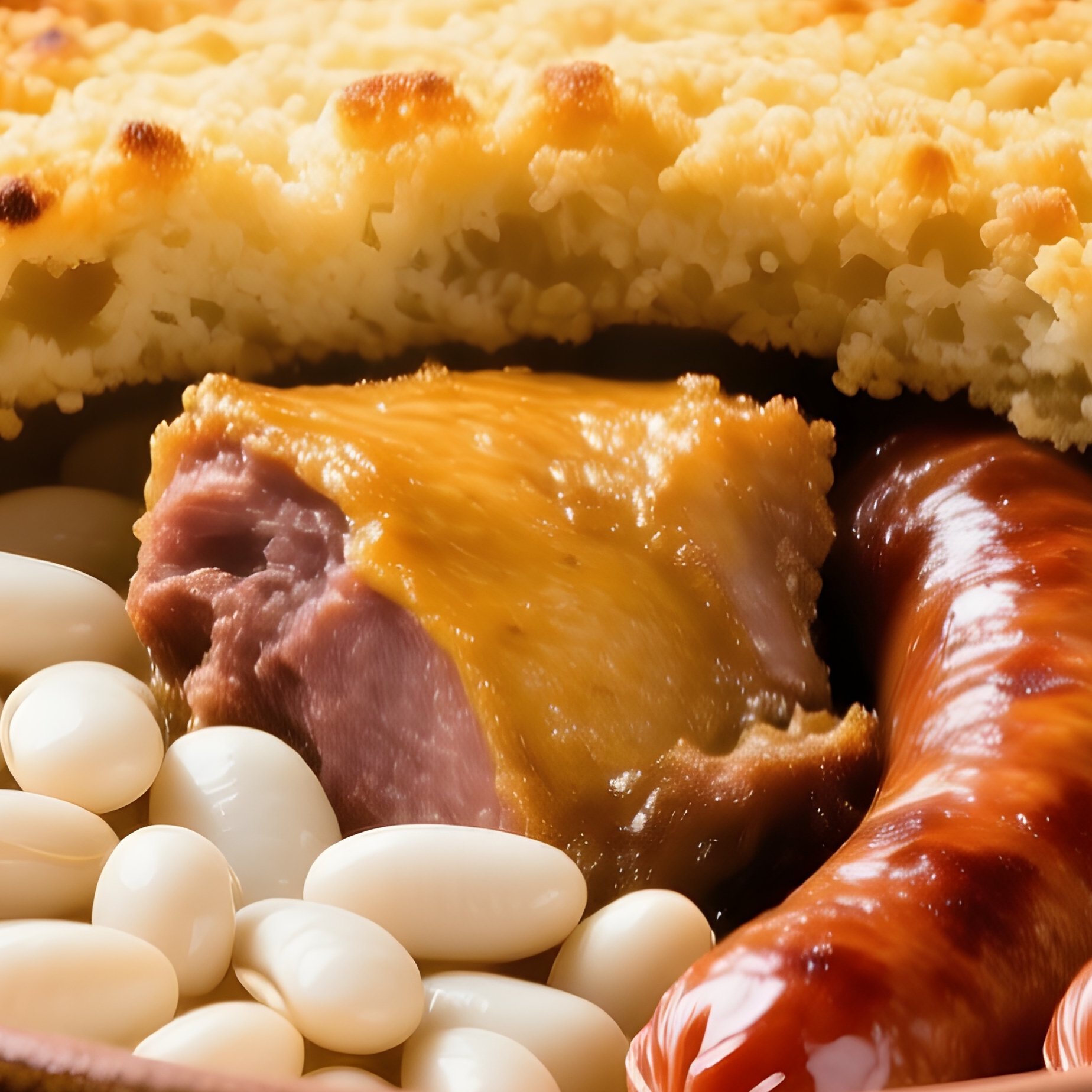 Cassoulet Rustic Earthenware Pot With White Beans Duck Confit Toulouse Sausages Breadcrumb Crust - Full Resolution Quality Preview