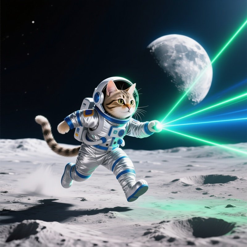 Cat Astronaut Chasing Laser Beams On Moon