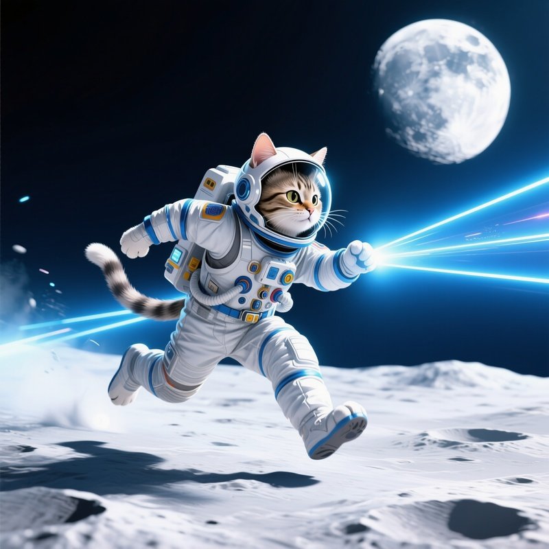 Cat Astronaut Chasing Laser Beams On Moon