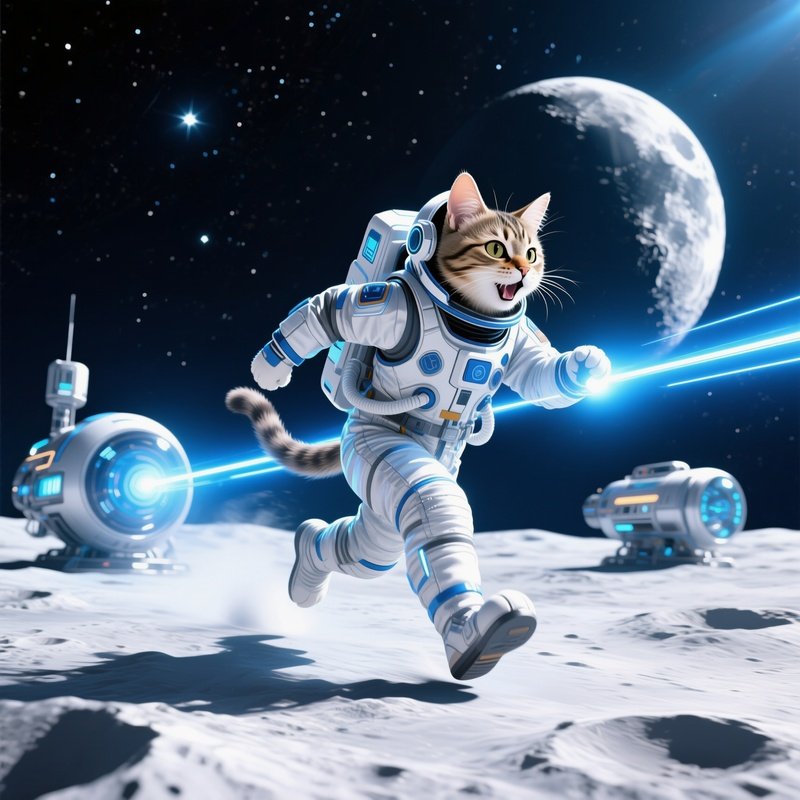 Cat Astronaut Chasing Laser Beams On Moon Science Fiction