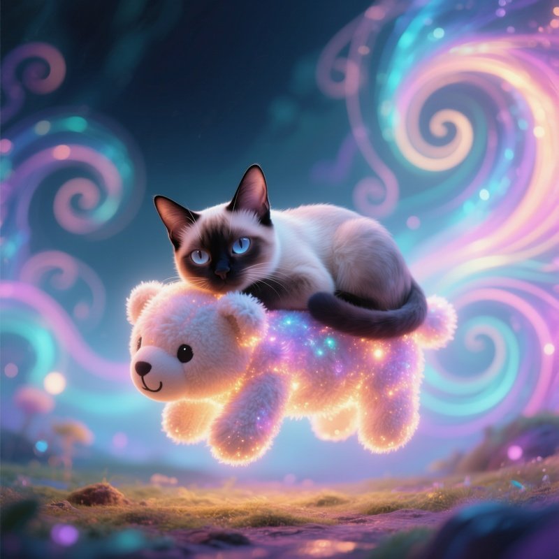 Cat Balinese Head Resting On Stuffed Animal Fantasy