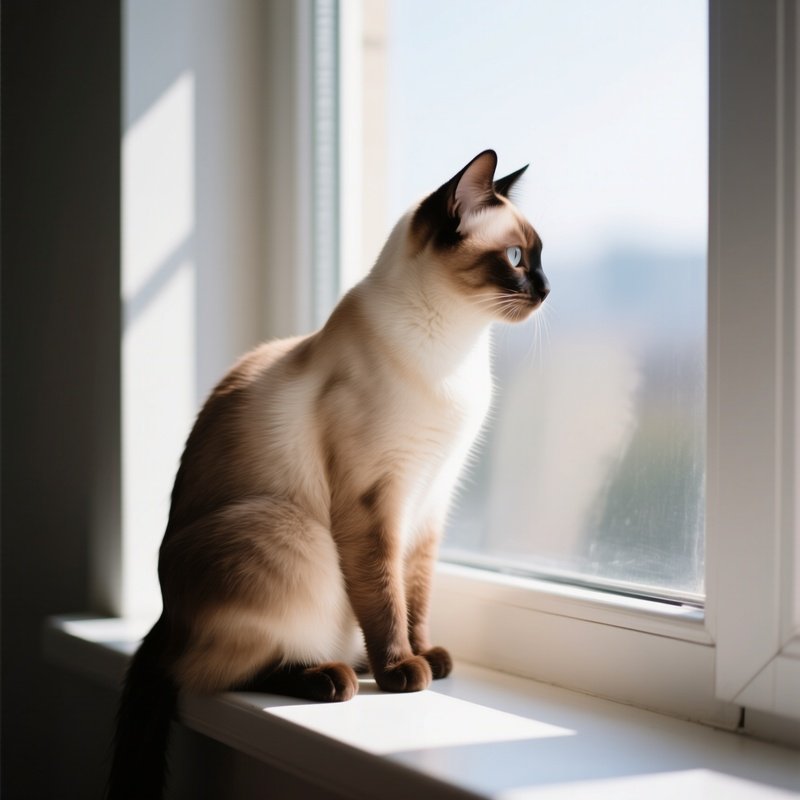 Cat Balinese Perched On A Windowsill Looking Outside